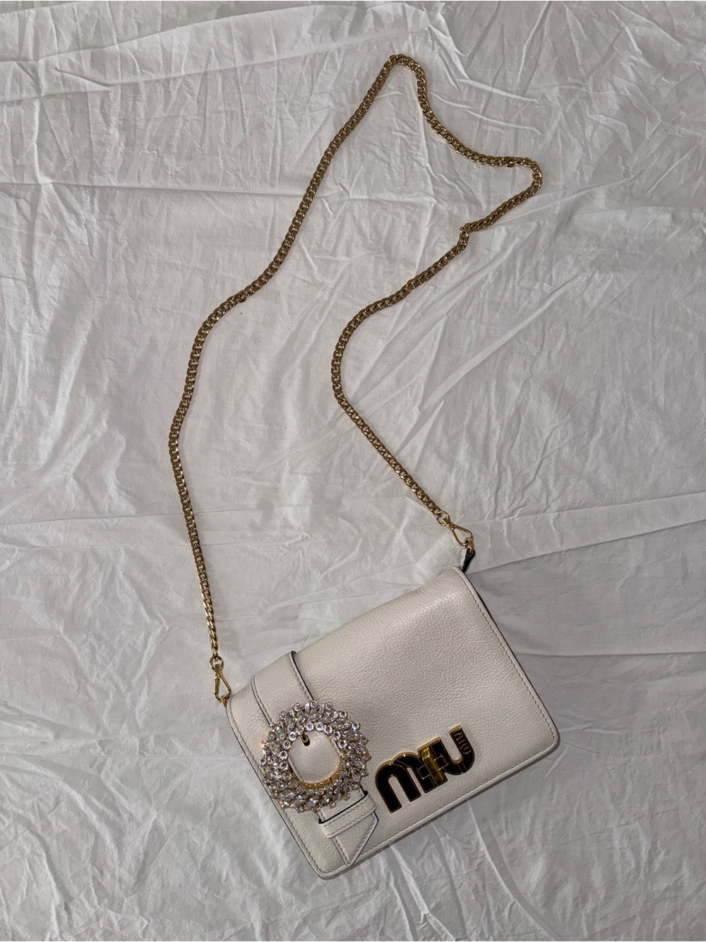 Miu Miu White Pebbled Leather Crossbody with Gold Chain & Crystal Wreath